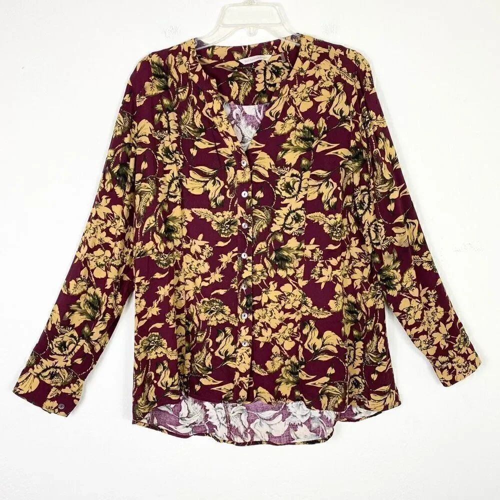 Soft Surroundings Burgundy & Yellow Floral Long Sleeve Button Up Shirt Size L